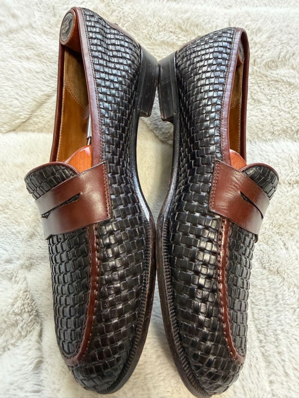 $895 Salvatore Ferragamo Woven Leather Penny Loafers Black Brown 8
